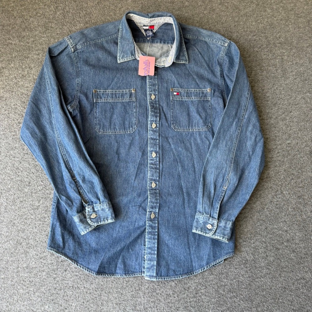 VTG Tommy Hilfiger Boys Denim Button Down Shirt XL Blue Cotton Long Sleeve NWOT